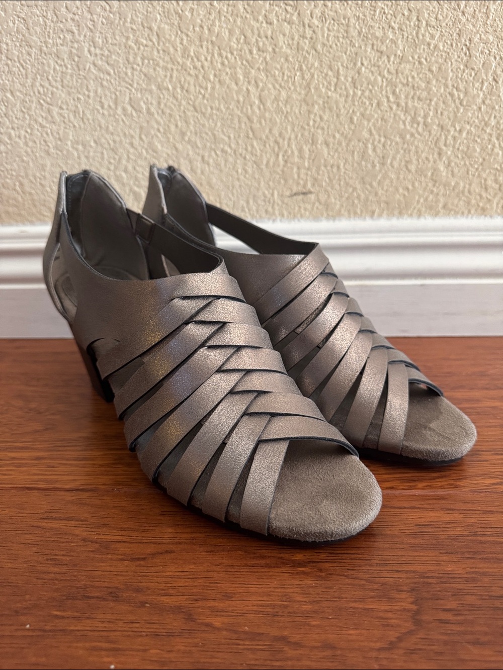 easy street Pewter Strappy Peep-Toe Sandals